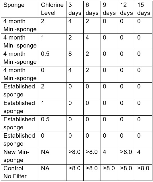Chart of test of rinsing filter in chlorinated water